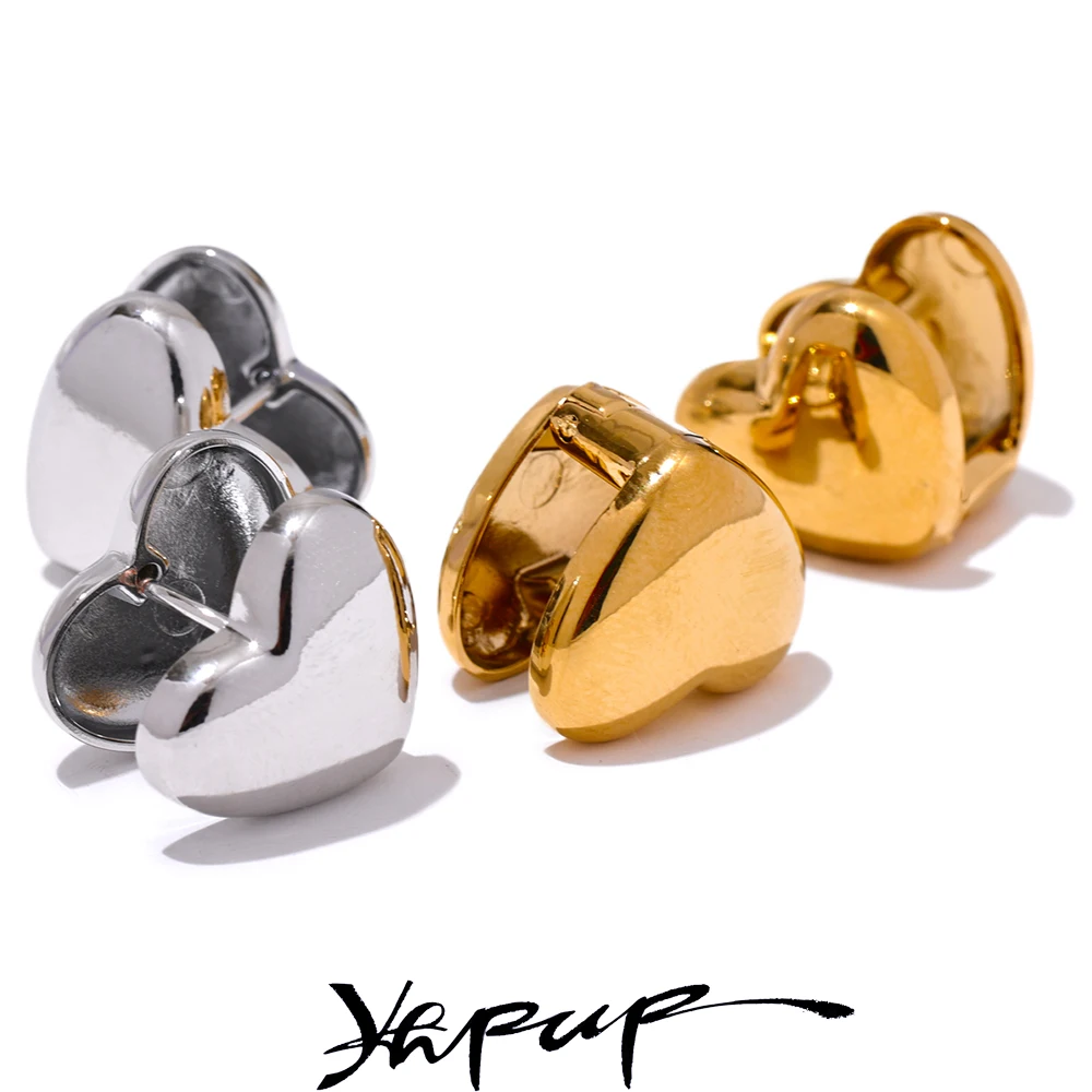 Yhpup Fashion Heart Love Double Face Kolczyki sztyfty ze stali nierdzewnej Zapobiegaj alergiom Metal 18K Gold PVD Plated Atrakcyjne kobiety