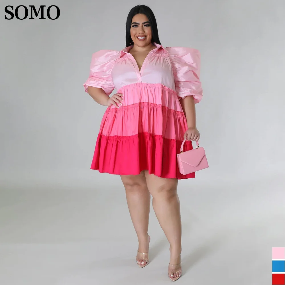 

SOMO 2023 Fashion Pleated Satin Dress Plus Size Women Elegant Lapel Button Patchwork Summer Dresses 4XL Wholesale Dropshipping