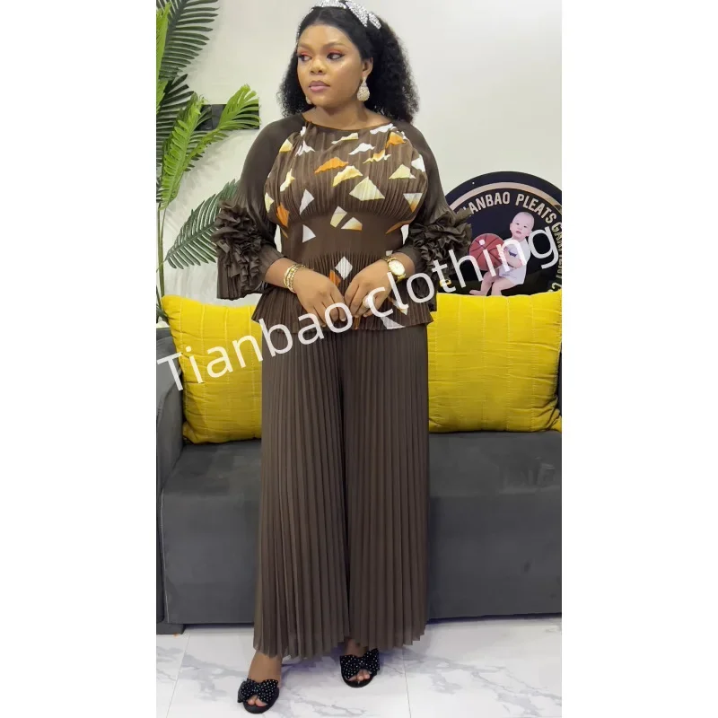 

Miyake Style Pleated Suit for Women 2025 New Printed Hand-cranked Flower Splicing Large Size Women's Pants Suit