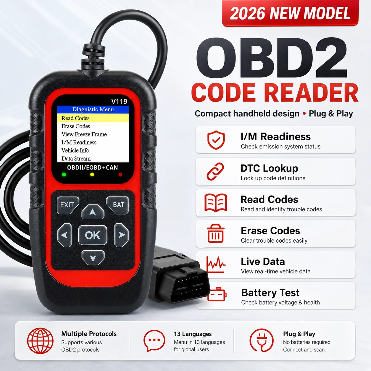 V119 Professional OBD2 Code Reader Automotive Car Diagnostic Scanner with Live Data Stream Battery Test DTC Code Lookup I/M Read