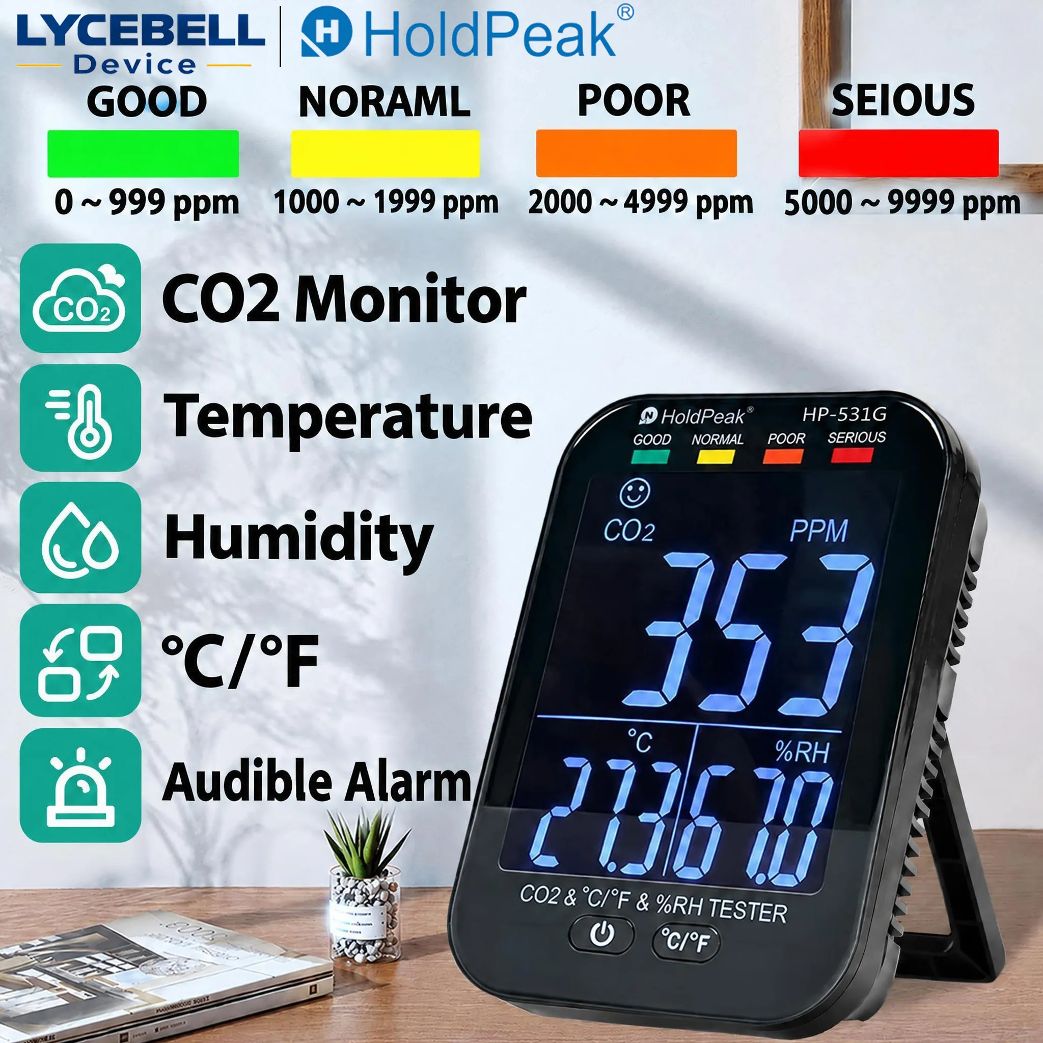 CO2 Monitor Indoor Air Quality Meter NDIR Sensor Temperature Humidity Tester Detector with Type-C Charging for Home Office Car