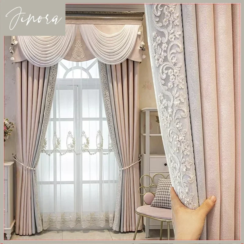 Gray Pink Spliced Lace Girl Princess Style New Modern Style Nature Vertically Curtain For Living Room Bedroom Dining Custom Size