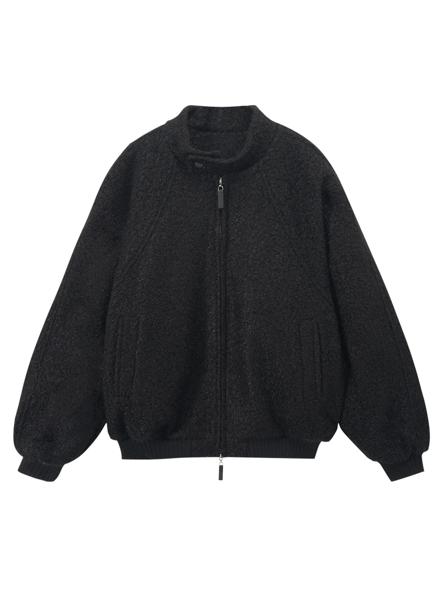 

IAMCPLUS 2025AW Women's Loose Fit Lamb Fur Jaet Stand Collar Circle Fce Zipper Closure Long Sve ort Outerwear