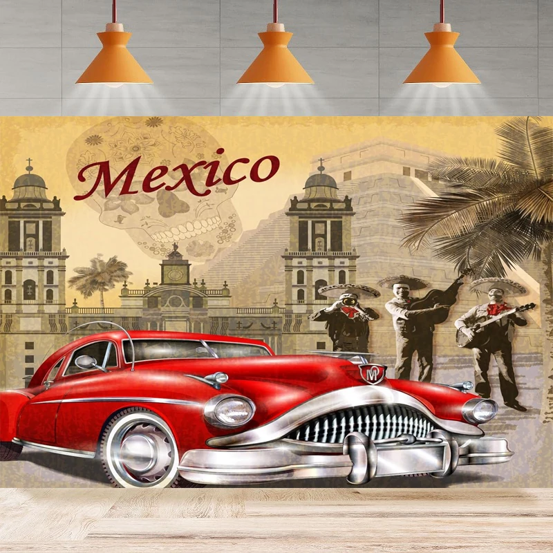 Vintage Car Photography Backdrop Party Mexico For Classic Car Party Retro Motel Poster Background Wall Home Party Decor Banner