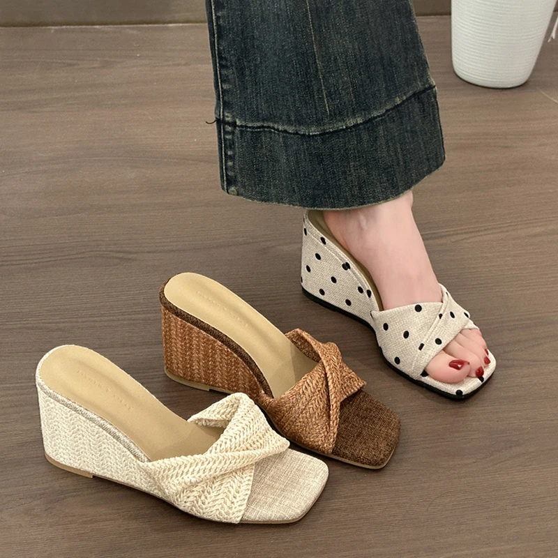 

Women Woven Rattan Twisted Strap Wedge Slides Open Toe Platform Sandals Casual Summer Boho Beach Mule Slippers Shoes for Ladies