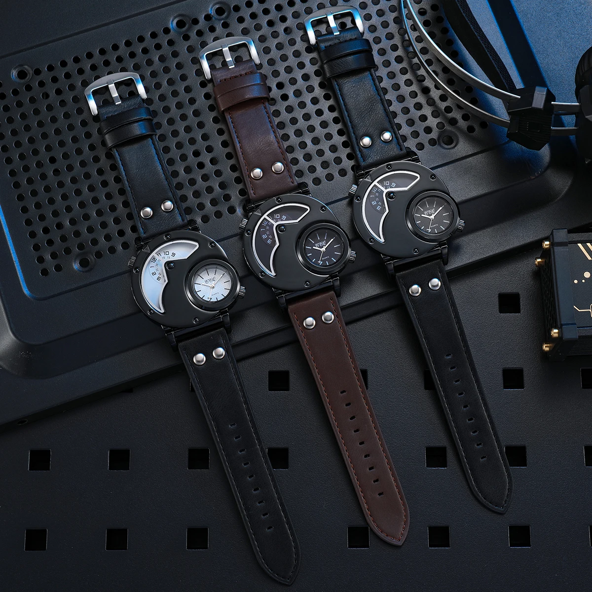 ساعات رياضية كلاسيكية للرجال كاجوال بمينا كبير وحزام جلدي تناظري كوارتز ساعة يد للرجال ساعة Reloj Hombre (بدون صندوق) #5