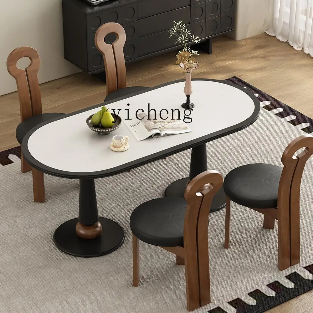 XL retro solid wood rock slab dining table oval eating table dining table and chair combination black