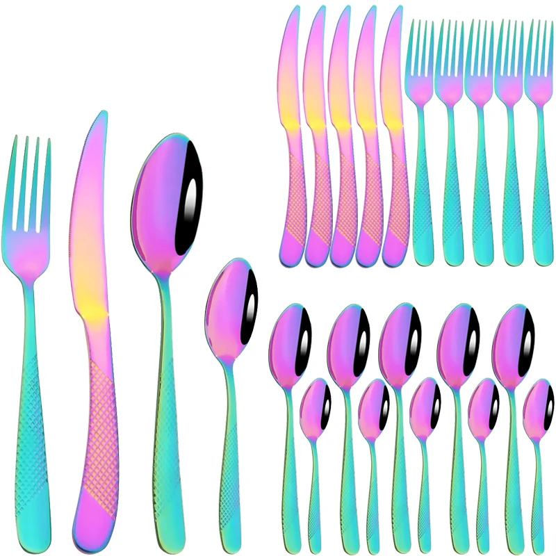 

AJOYOUS 24Pcs Rainbow Dinnerware Set Stainless Steel Fork Knife Spoon Flatware Tableware Kitchen Silverware Bright Cutlery Set