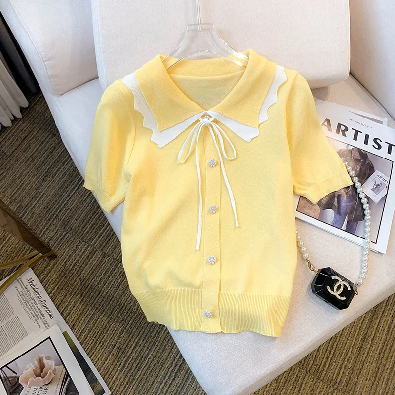 

Short Sleeved Bow Sweater T-shirt With Lace Up Contrast Trim Peter-pan Collar Top Summer Autumn New Ice Silk Knitted Shirt