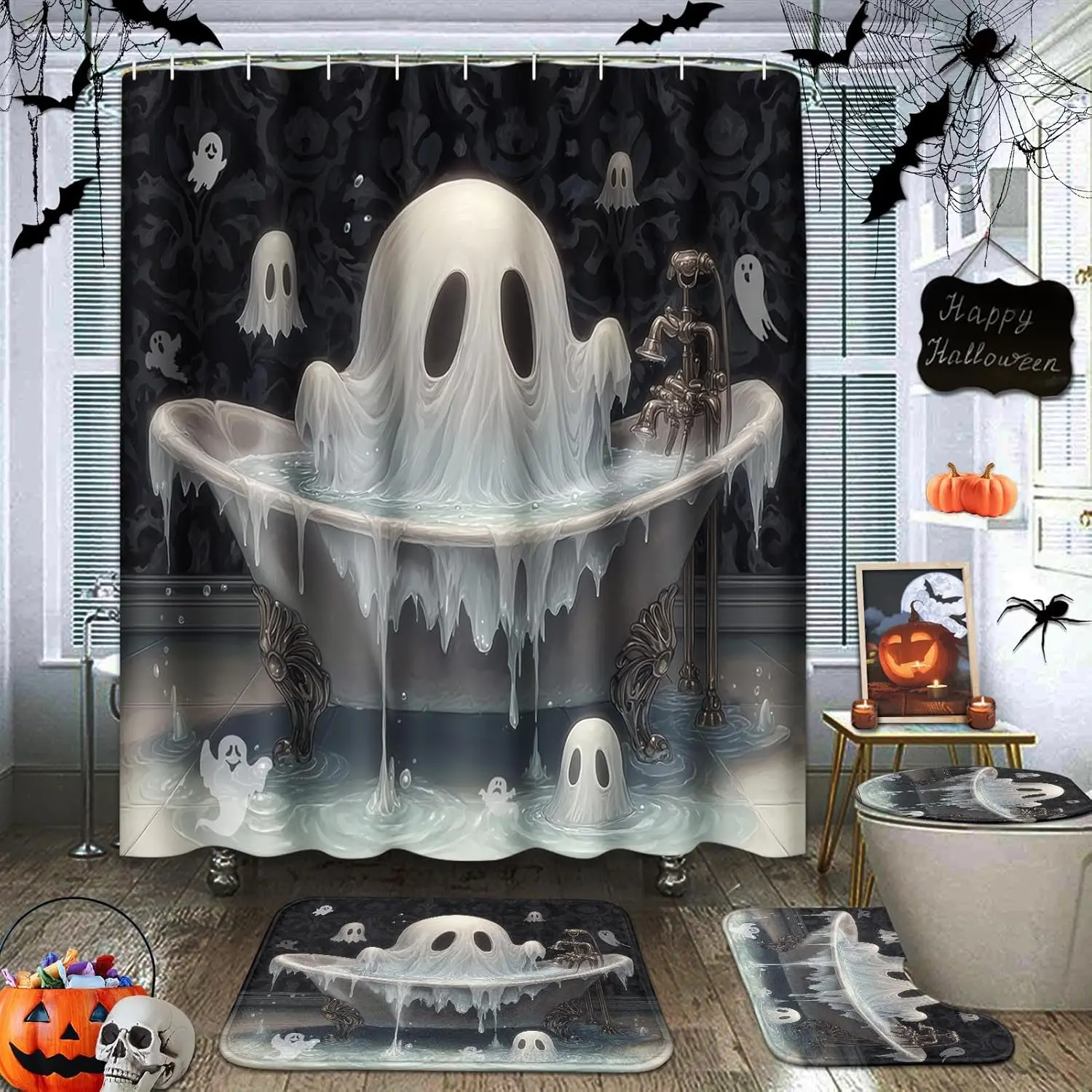 

Halloween Bath Set 4PC - Ghost Emerging from Bathtub Polyester Shower Curtain with Waterproof Mats
