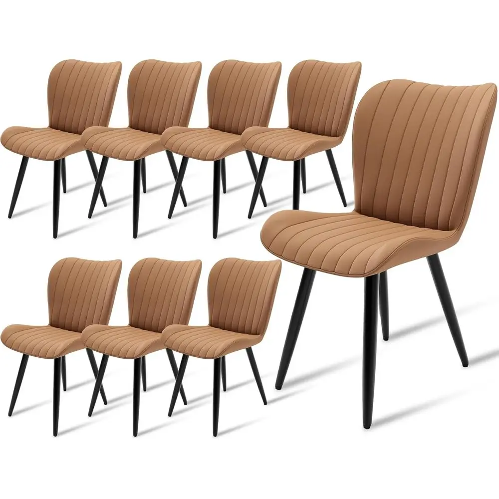 

Set of 8 Brown PU Leather Dining Chairs with Comfortable Backrest, Thick Upholstery, and Metal Legs for Kitchen, Dining Room, or