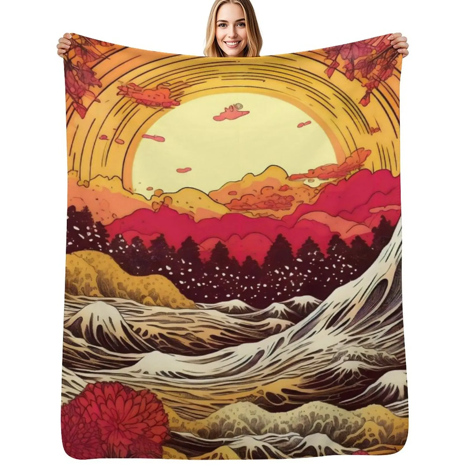 

Japanese Japan Wood Block Sunset Okiyo-e Garden Flowers Landscape Throw Blanket Luxury Throw Soft decorative Blankets