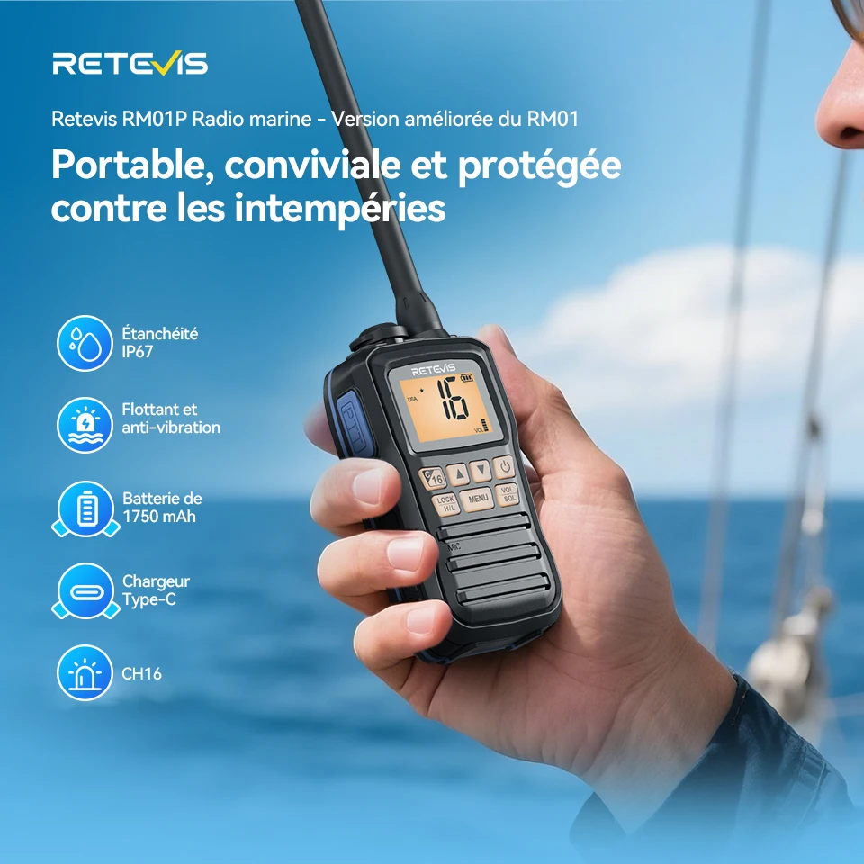 Retevis RM01P IP67 Talkie-walkie étanche , longue durée de vie de la batterie, radio marine portable de type C, conception flottante pour la pêche