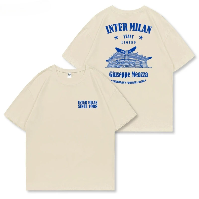 เสื้อยืดฤดูใบไม้ผลิ/ฤดูร้อน 2026 ลายภาพสนามเมซซ่าในมิลาน สไตล์อเมริกันเรโทรลำลอง ผ้าฝ้ายแท้ แขนสั้น