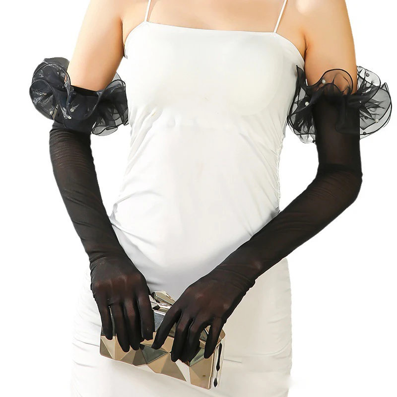 

55 см тюлевые перчатки женские длинные эластичные кружевные жемчужные сетчатые прозрачные перспективные сексуальные черные женские перчатки вечерние платья HTL19