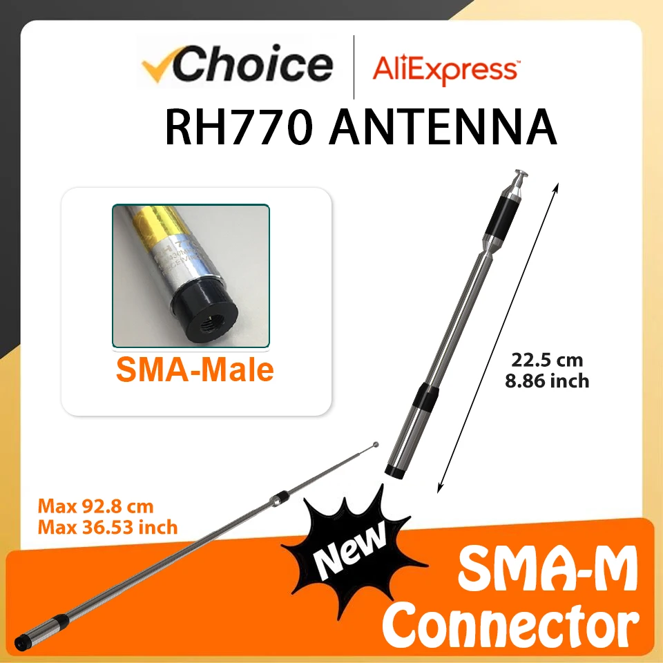 Telescopic Antenna RH770 SMA-Male Dual Band 144/430Mhz High Gain Long Range Extendable For Walkie Talkies P15UV TH-UV8000D UV390