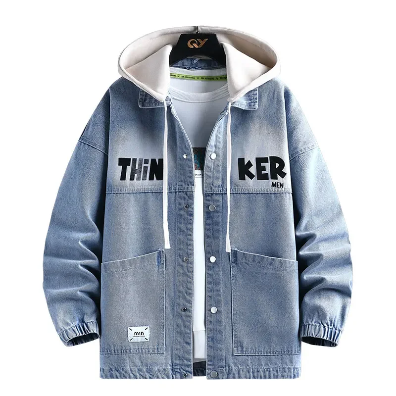 

Модная мужская джинсовая куртка Модная хлопковая дышащая свободная повседневная джинсовая куртка с длинными рукавами и капюшоном Удобный мужской топ