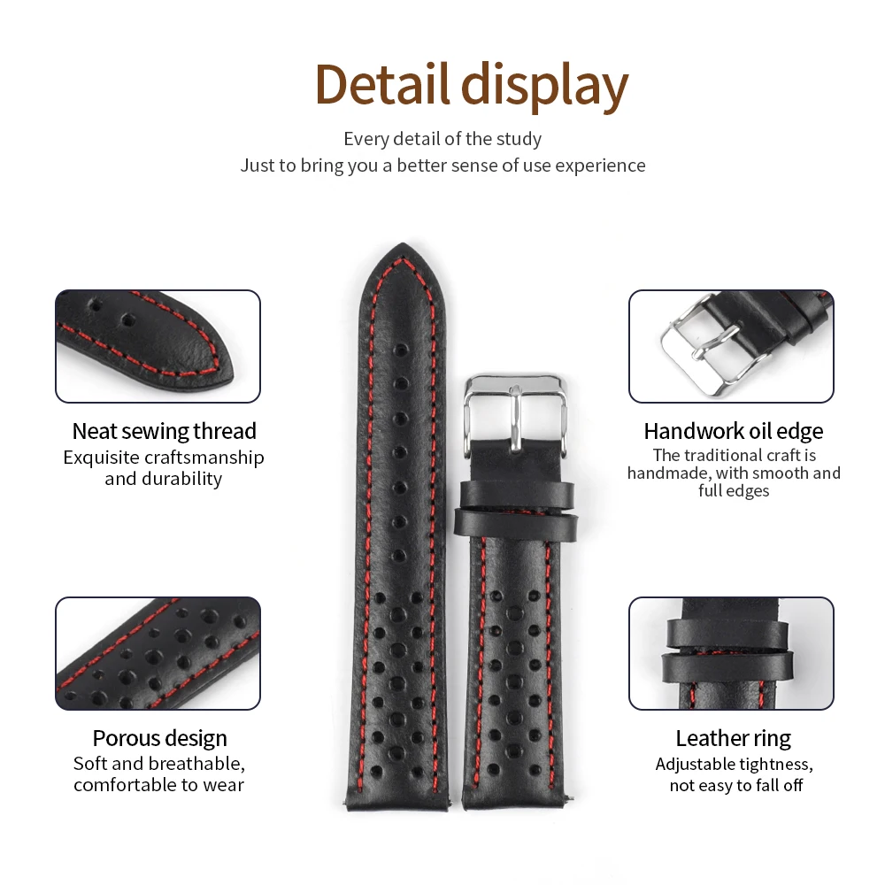 Handmade Black Oil Wax Watch Band 18mm 19mm 20mm 21mm Waterproof Porous Breathable Genuine Leather Watch Strap for Men Women