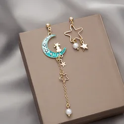Korean Planet Moon Star Cat Asymmetry Piercing Drop Earrings For Women Cute Animal Tassel Dangle Stud Fashion Jewelry Gift