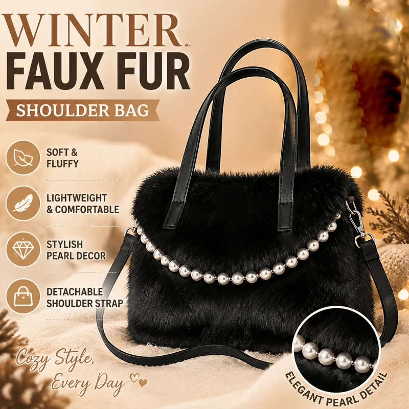 Women's Winter Faux Fur Crossbody Bag Pearl Chain Shoulder Purse Versatile Handbag with Top Handle for Daily Travel Gifting