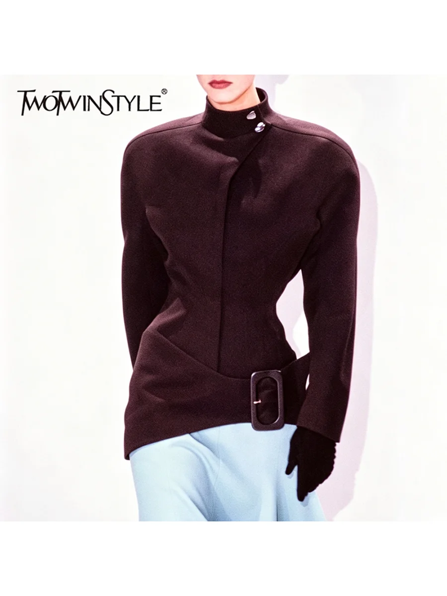 TWOTWINSTYLE Solid Spliced Button Slimming Jacket for Women Stand Collar Long Sleeve Patchwork Metal Buckle Jackets Female Style