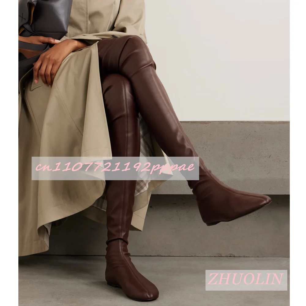Women'S Matte Brown Tee Over-The-Knee Boots Luxury Slip-On Elastic Boots Slim Fit Party Elegant Gladiator T-Stage Runway Shoes