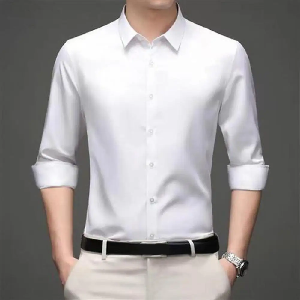 Camisa de manga larga para hombre, vestido de negocios fino, seda de hielo, resistente a las arrugas, cuello de Color sólido sin planchado,