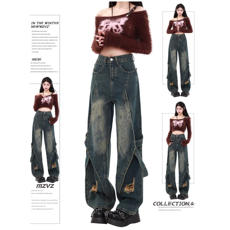 

Retro Blue Womens Jeans Trend High Waist Straight Baggy Denim Pants Summer America Fashion Y2K Female Wide Leg Flared Trouser