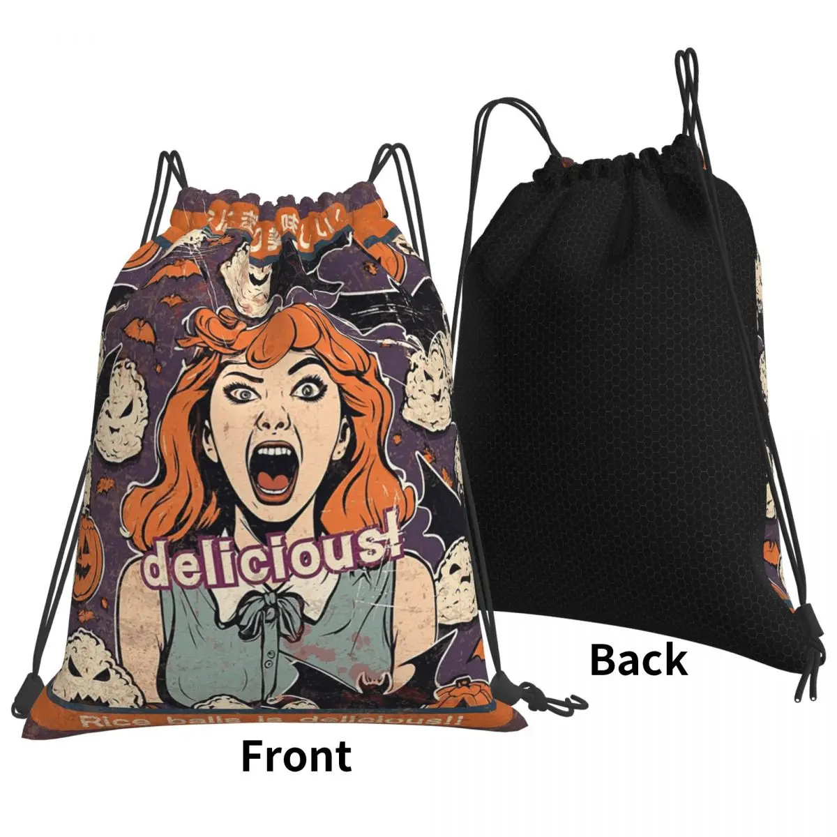 Rice Balls Is Delicious! Halloween Girl Version Backpacks Fashion Drawstring Bundle Pocket Sports Bag Book Bags Man Woman School