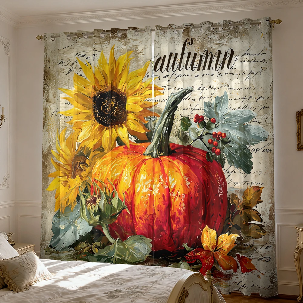 2pcs retro pumpkin sunflower autumn-themed printed double-sided curtains living rooms and bedrooms light blocking