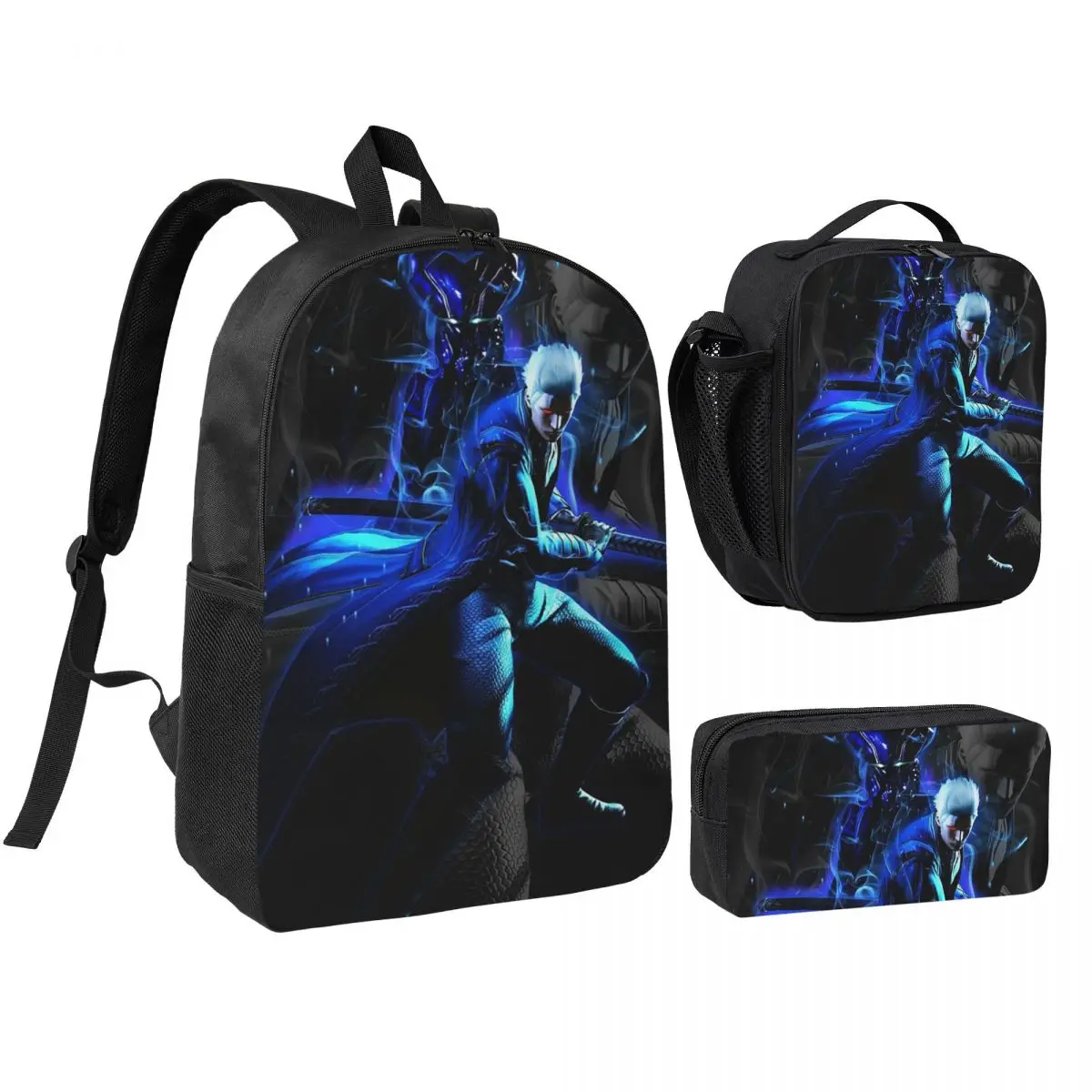 Vergil From The Devil May Cry Seri Backpack Boys Girls BookBag School Bag Shoulder Bags 3ps Insulated Lunch Bag Pencil Case
