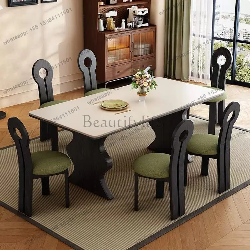 PG French antique rock slab dining table household solid wood rectangular black ripple new
