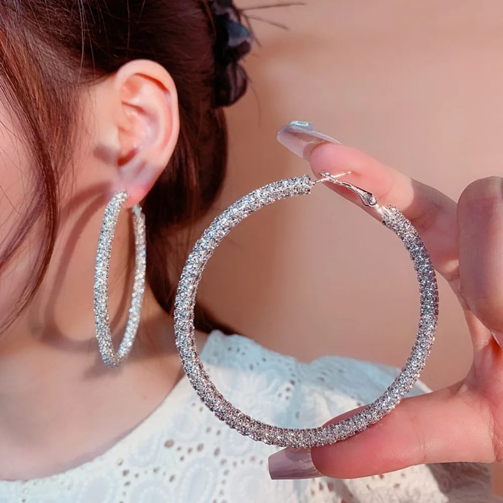 New Temperament Luxury Glistening Full Inlay Rhinestones Big Circle Hoop Earrings for Women Designer Personality Jewelry Gifts
