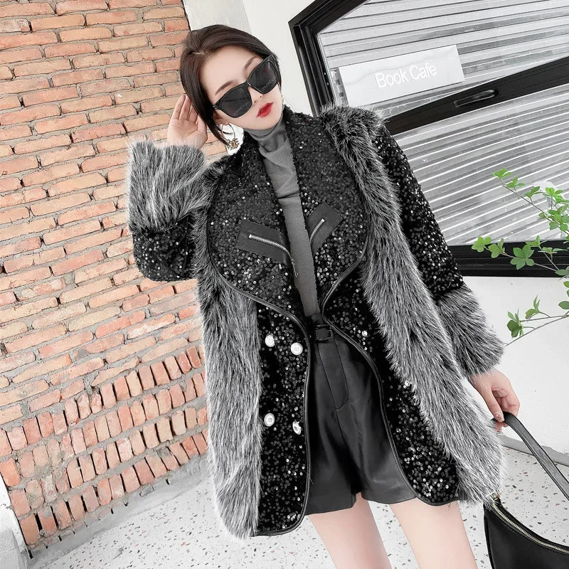 Fashion Sequin Stitching Imitation Rabbit Fur Coat Women Autumn Winter New Casual Loose Jacket Thick Warm Mid-length Outwear