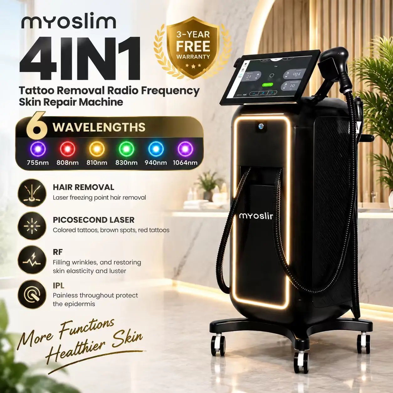 Professional 4 In 1 Beauty Machine 6 Wavelength Diode Hair Removal Pico Laser RF IPL Skin Rejuvenation Salon Equipment