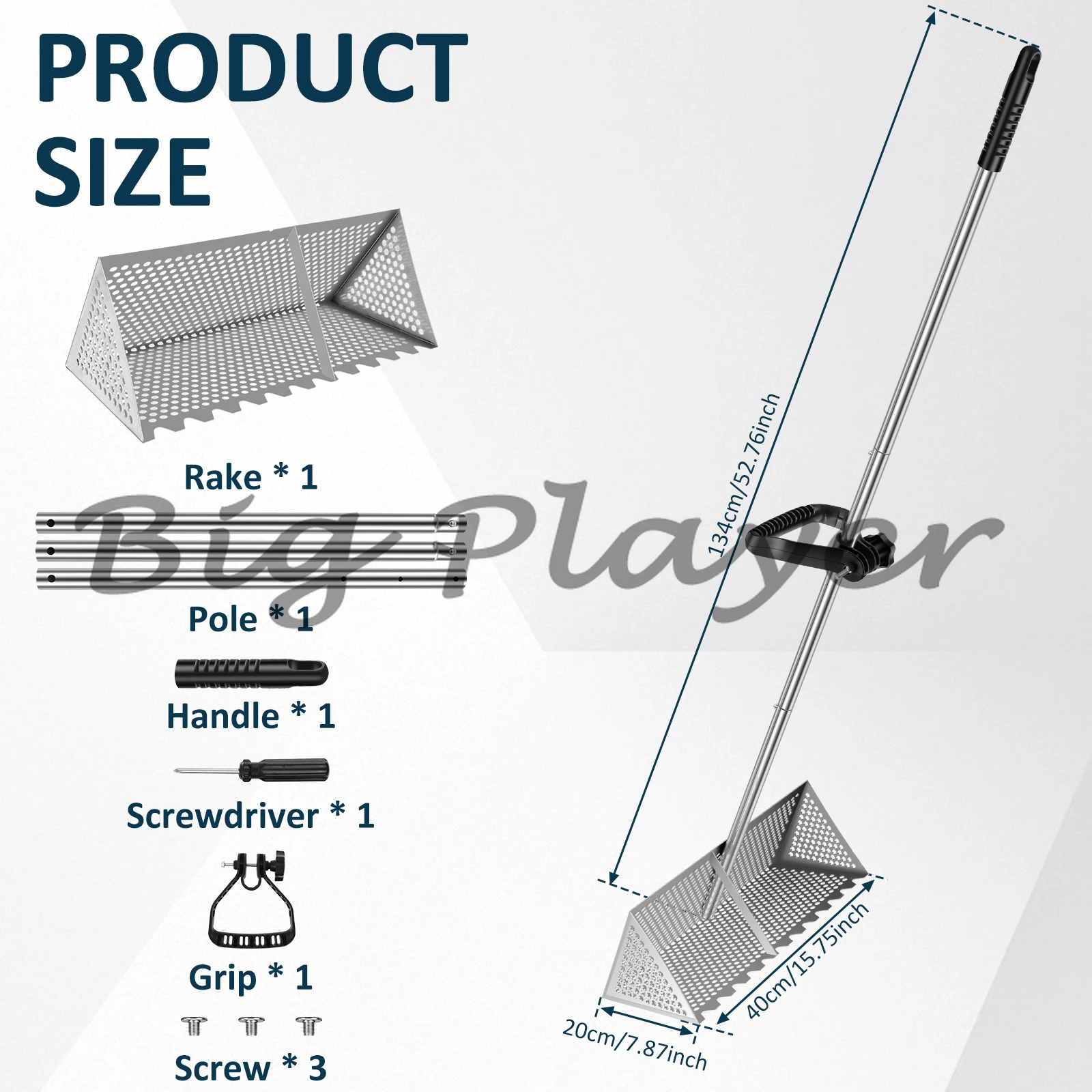 Beach Sand Filting Rake Stainless Steel Basket Sifter Beach Shovel Detachable 52inch Long Handle Sea Rake Tool