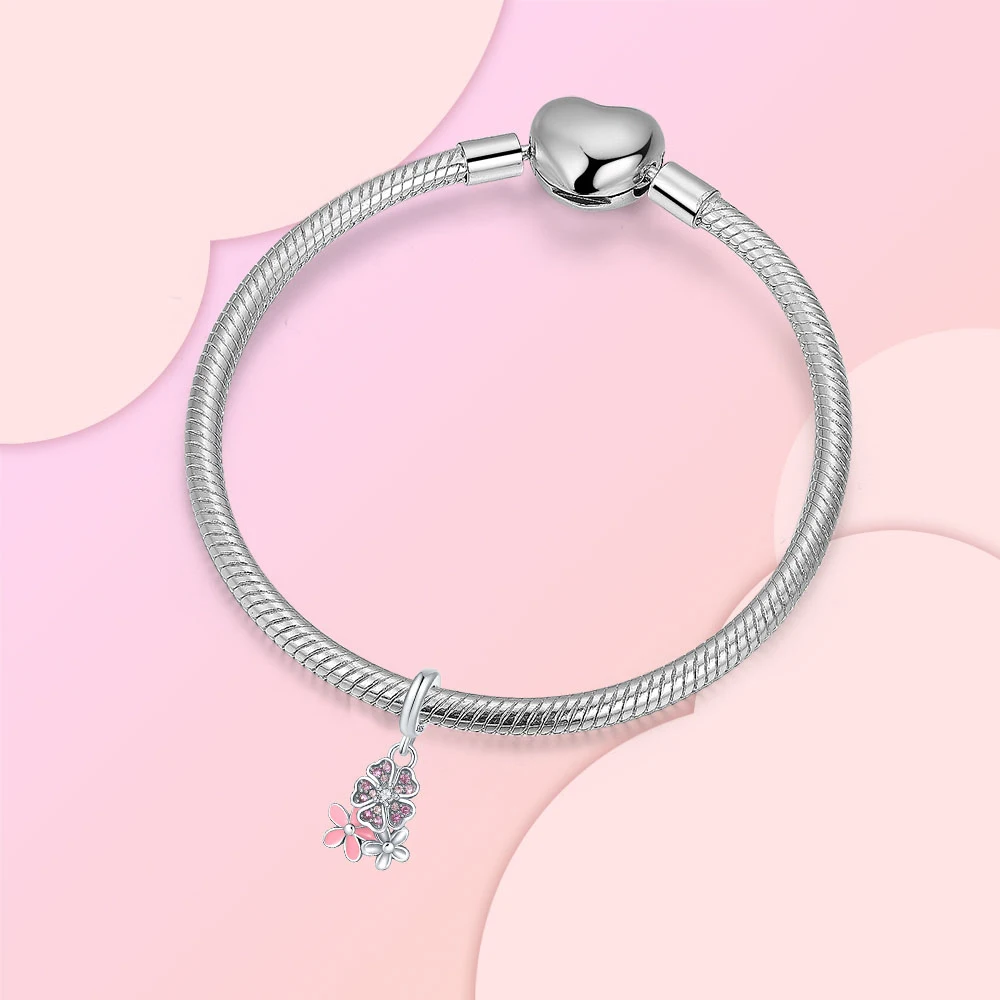 925 srebro moda płatek różowa cyrkonia wisiorek urok Fit oryginalne bransoletki Pandora Charms kobiety DIY biżuteria na prezent