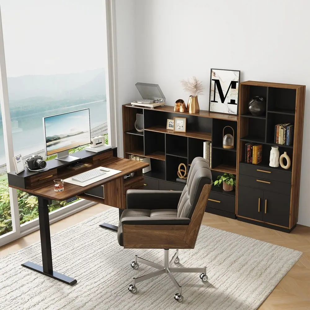 

Desk with 2 Bookcase, Home Office Furniture Set, 60 Wide Bookshelf and 59 Tall Bookcase Modern Floor Freestanding Storage Organ
