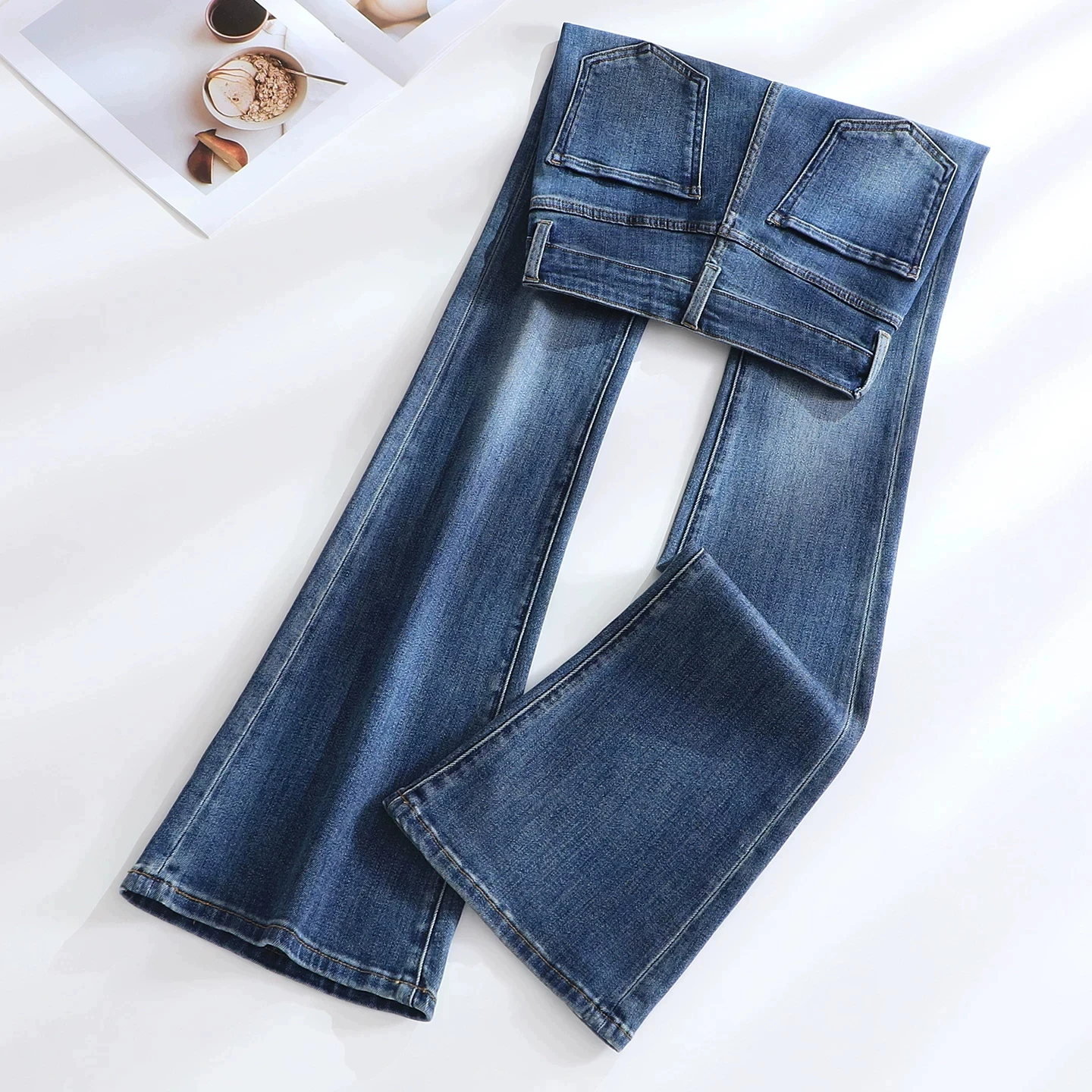 High Waist Bell Bottom Denim Jeans Women's Loose Slimming Fashionable Blue Bell Pants Cotton Stretch Denim Zipper Closure