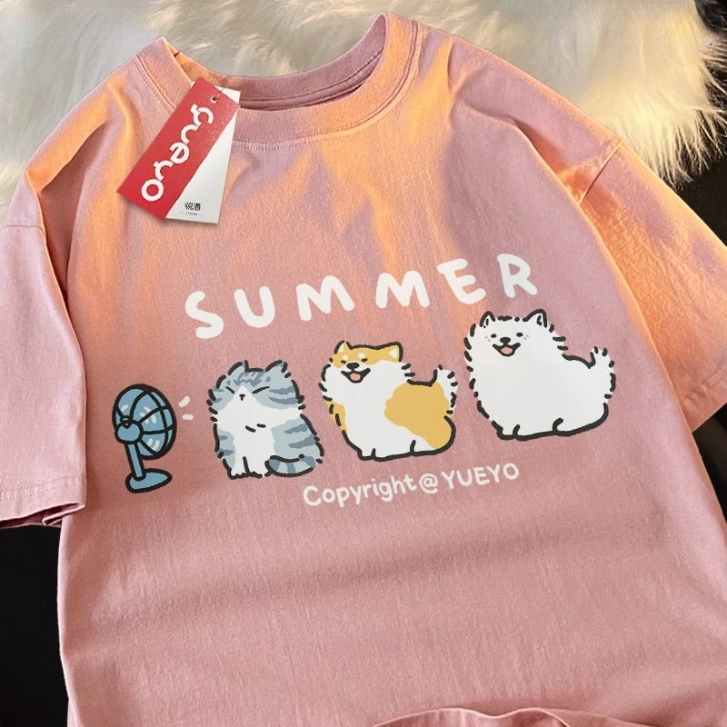 Line Up for Hair Dryer Cartoon American Style Short Casual Loose Summer Cat and Dog Samo Blowing Fan T-shirt for Men and Women