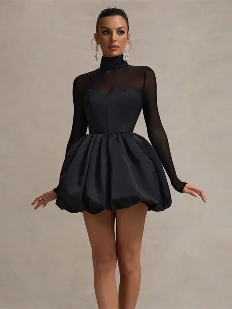 XIZOU Turtleneck Sheer Long Sleeve Sexy Mini Dress for Women Black See Through High Waist A-line Club Party Dress Elegant