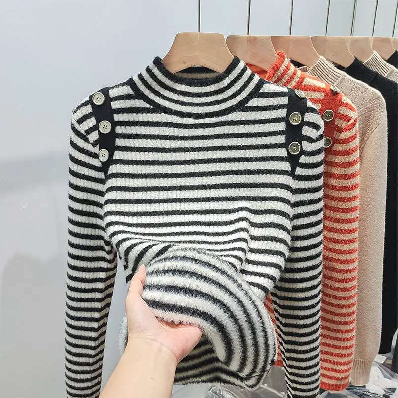 Pull en peluche rayé à manches longues pour femmes, pull à col mi-haut, édition coréenne, automne, hiver, nouveau, 2023