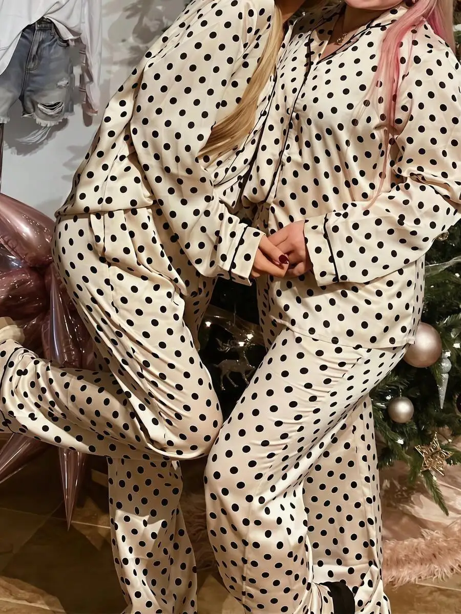 

Women Polka Dot Satin Pajama Set Button Down Long Sleeve Top Elastic Waist Pants Loungewear Sleepwear