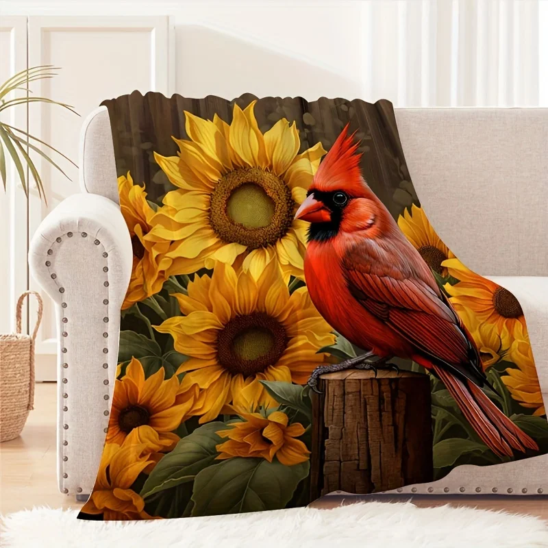 

Cardinal Birds & Sunflowers Print Flannel Throw Blanket - Contemporary Style Multipurpose - Soft Comfortable Travel Camping