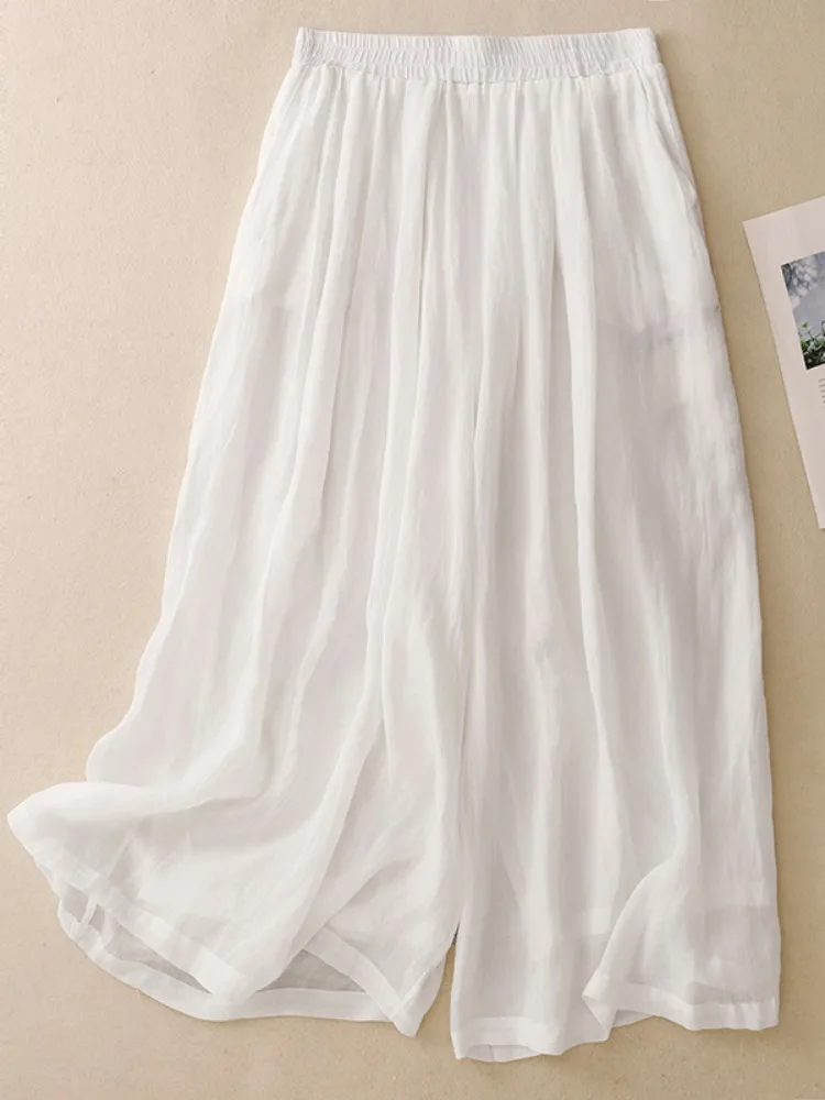 een Floral Print Wide Leg Pants Women's Cotton Linen Straight Cut Nine Points Summer Elastic Waist Slimming Trousers