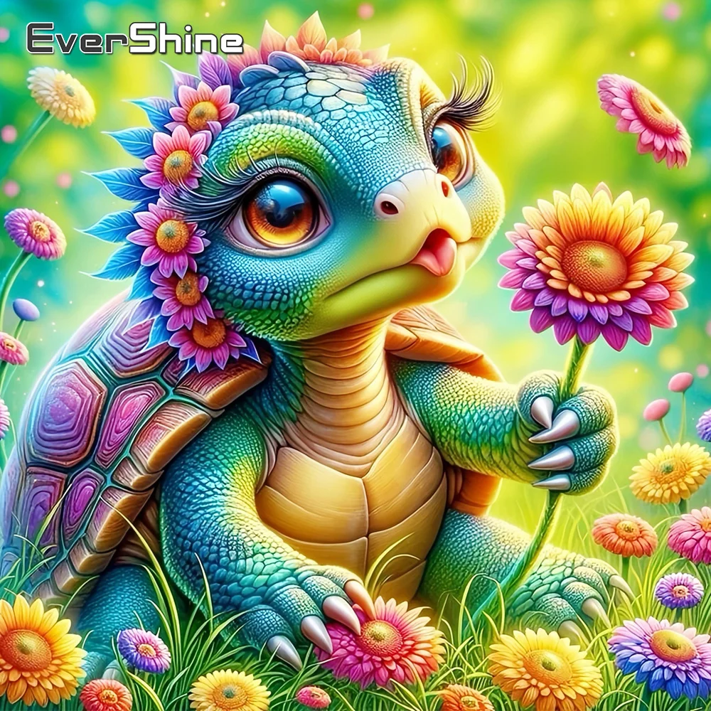 Evershine Diamant Mosaik Schildkröte Tier Kits Malerei Blume Bild Strass Stickerei Cartoon Voll Platz Runde Wand Dekor