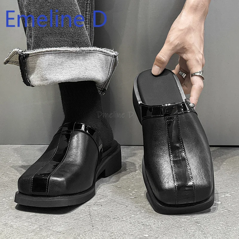 Square Headed Half Slippers Black, Simple One Foot Kick Flat Toe Fashionable Casual Comfortable Breathable Outdoor Cool Slippers