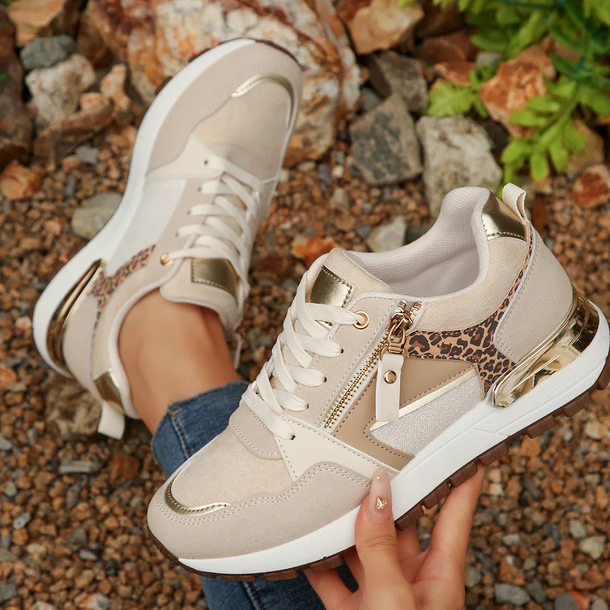 Straight-strap Women's Shoes, Color-blocked Mesh. Thick-soled Random Shoes, Women's Side-zipper Comfortable Gym Shoes Beach