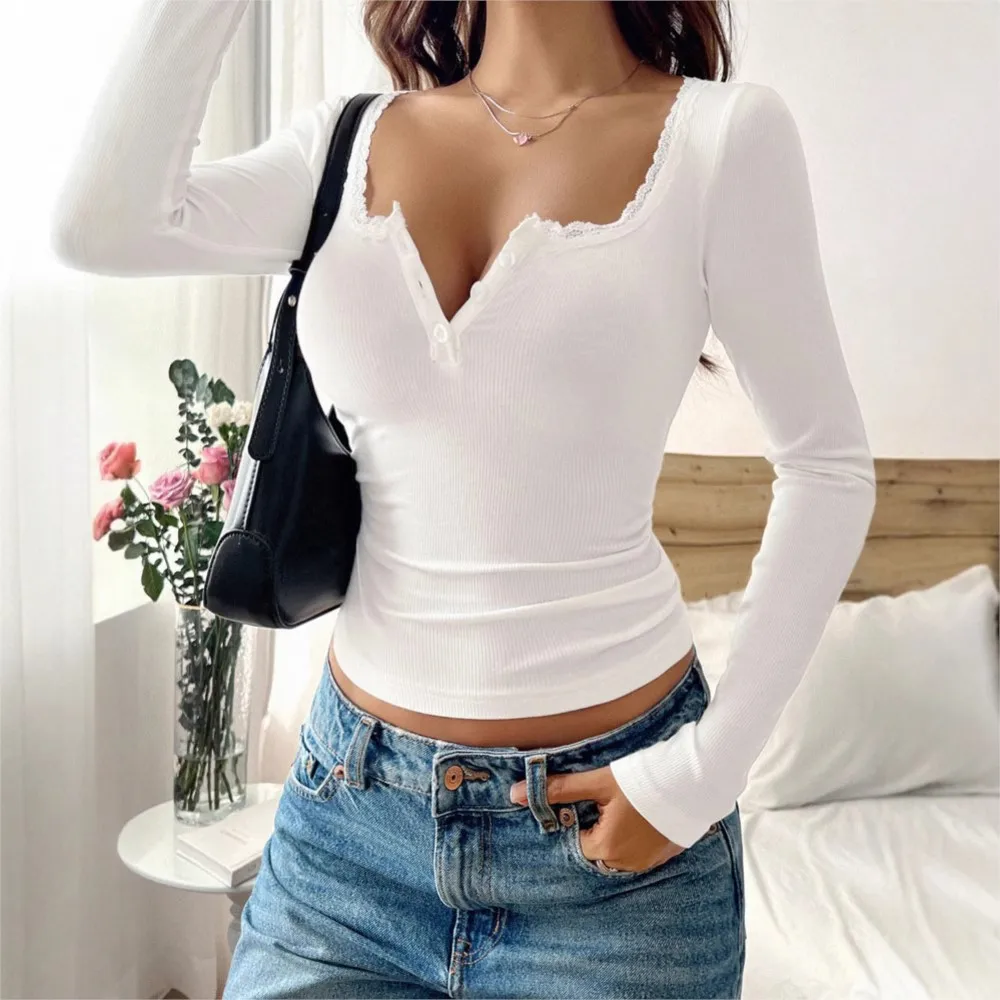 Women's Clothing Slim Long Sleeves Shirts Low Cut All-match Simple Style Solid Color Temperament Commuting Casual Trendy Fashion