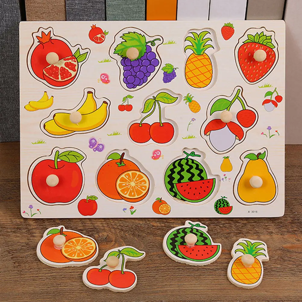 

Wooden Toddler Puzzle Fruit Hand Grasp Board Early Learning Color Recognition Educational Household Puzzle Interactive Preschool